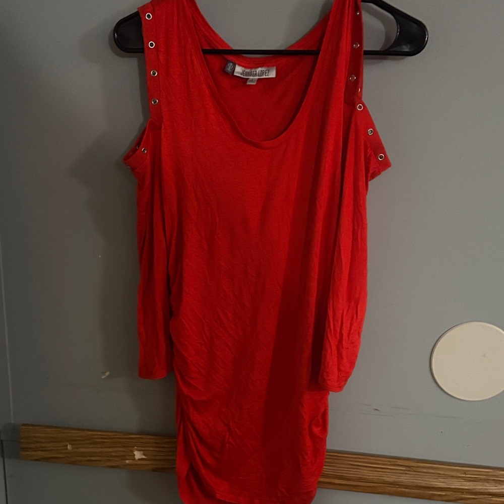 Jennifer Lopez Red Cold Shoulder Blouse